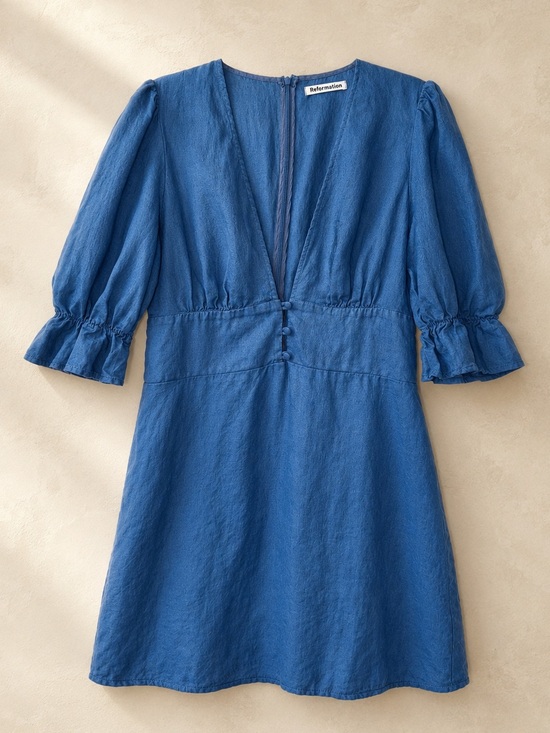 Reformation Dresses & Skirts - Reformation Simi Linen Mini Dress Blue Puff Sleeve V-Neck Size 12